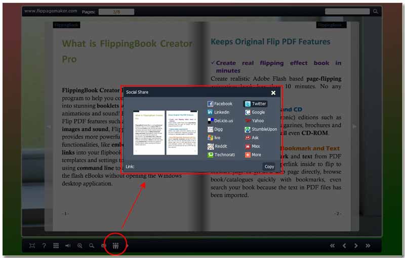social share icon on bottom menu line